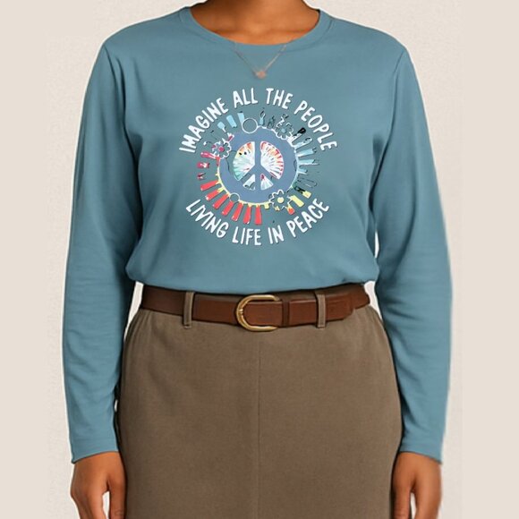 Imagine Peace Long Sleeve Top Size L Teal Blue Retro Musiccore Retro Style - Picture 1 of 13